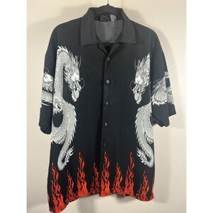 Vintage Y2K Amplify Button Shirt FLAMES DRAGON OVERSIZED BAGGY Medium (C)